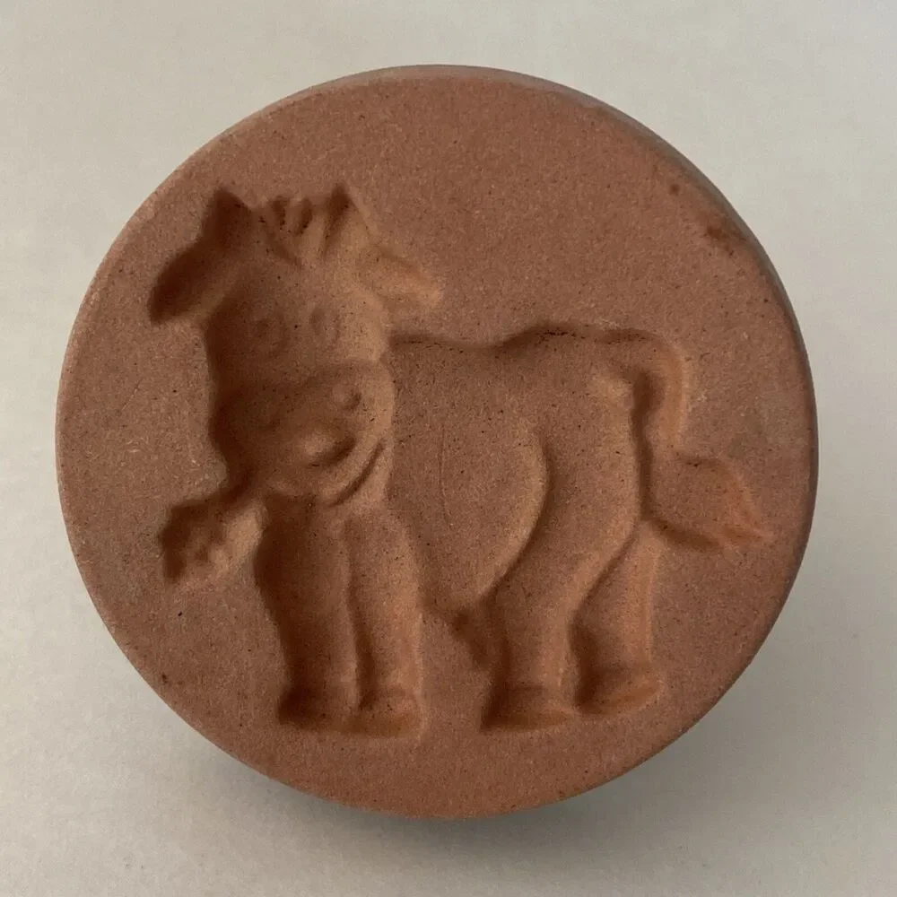 Cookie Stamp Terra Cotta Cow 2” Round Handle Green Glaze